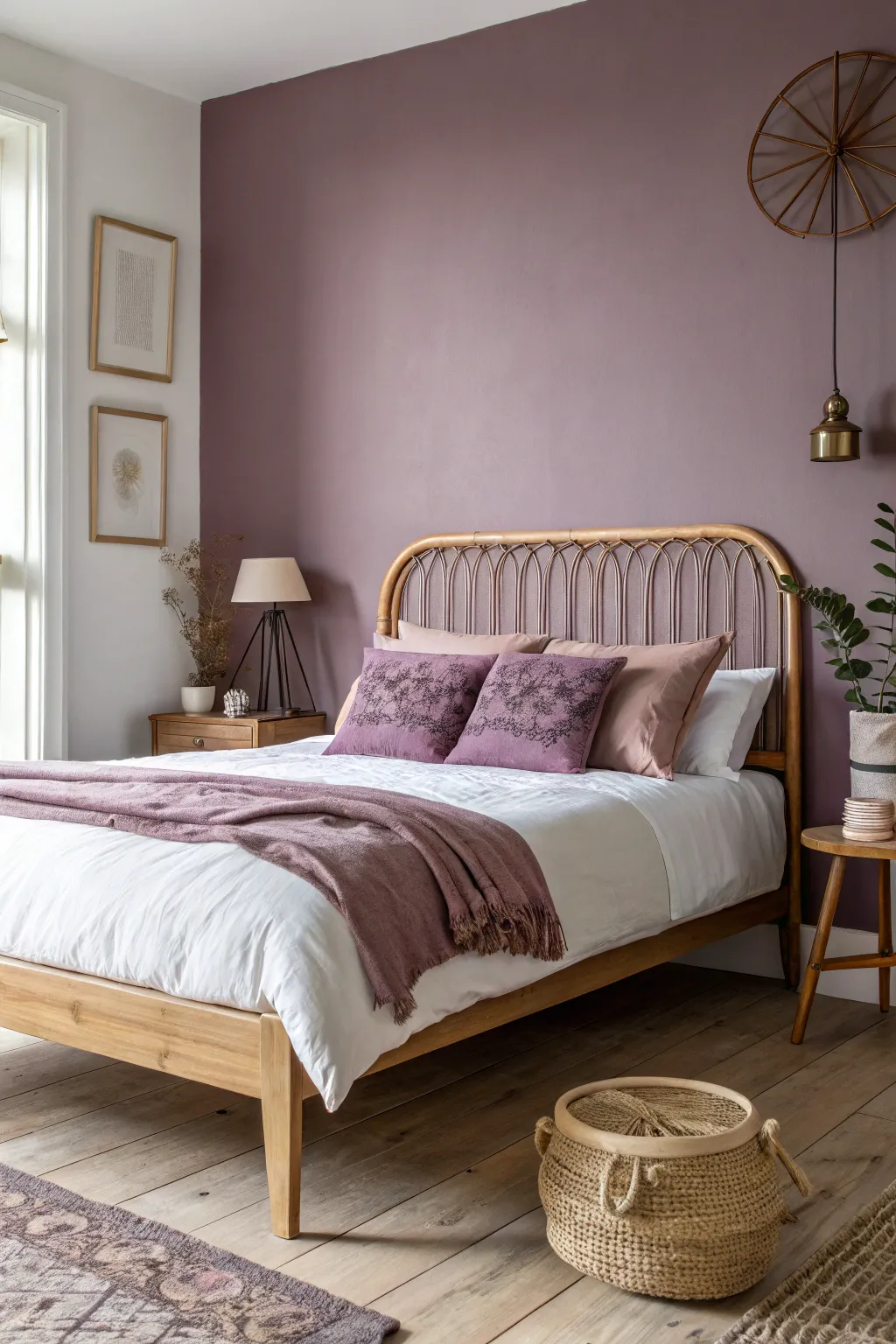 Create a dreamy sanctuary with romantic dusty mauve walls and soft velvet textures for a cozy vibe.