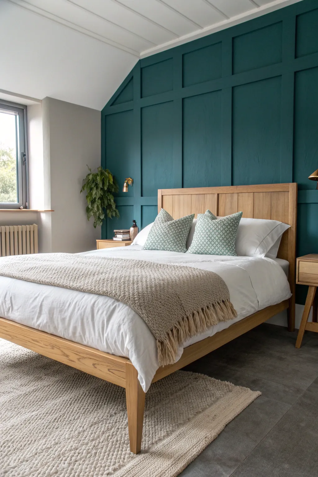 Deep teal accent wall + airy linen bed makes an effortless focal point for a calm bedroom.