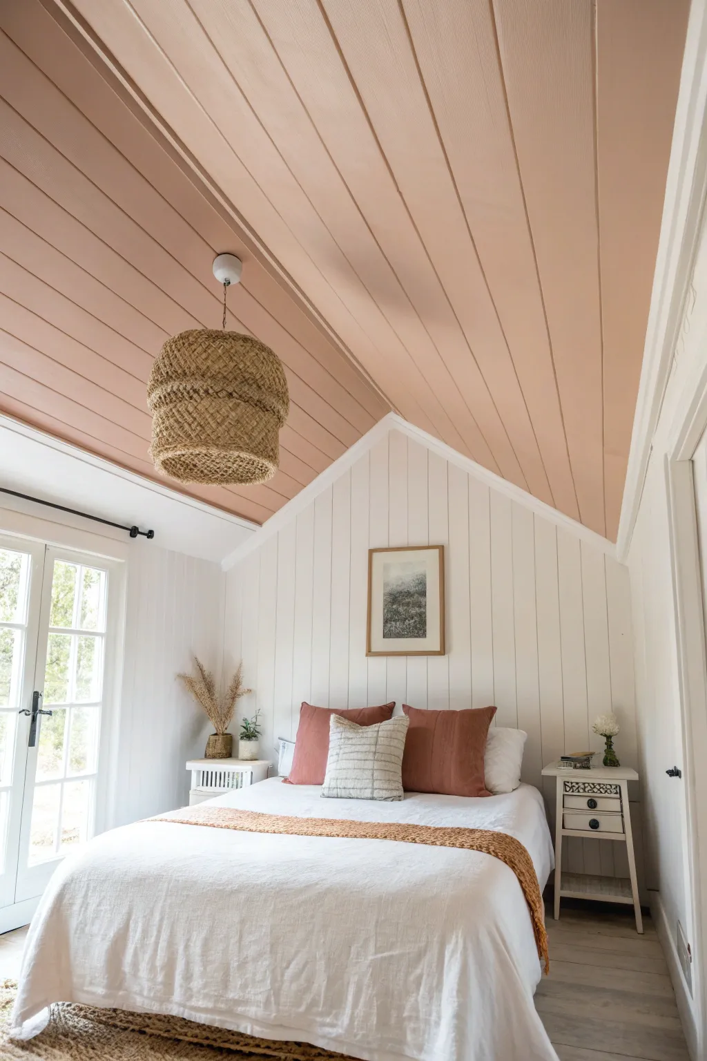 Treat the ceiling as the fifth wall with a soft tint that frames the whole bedroom.