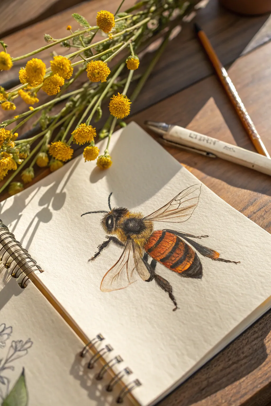 Elegant sketch study of bee pollen baskets with sunny yellow-orange detail on minimalist paper.