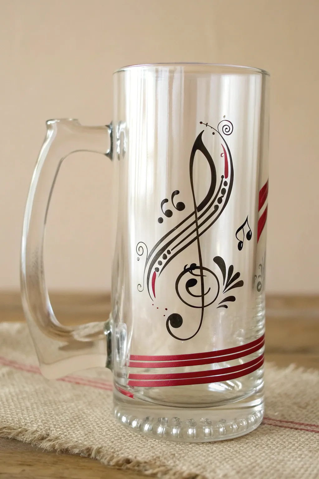 Minimalist beer mug with swirling music lines and bold rhythm stripes, soft Scandinavian boho.
