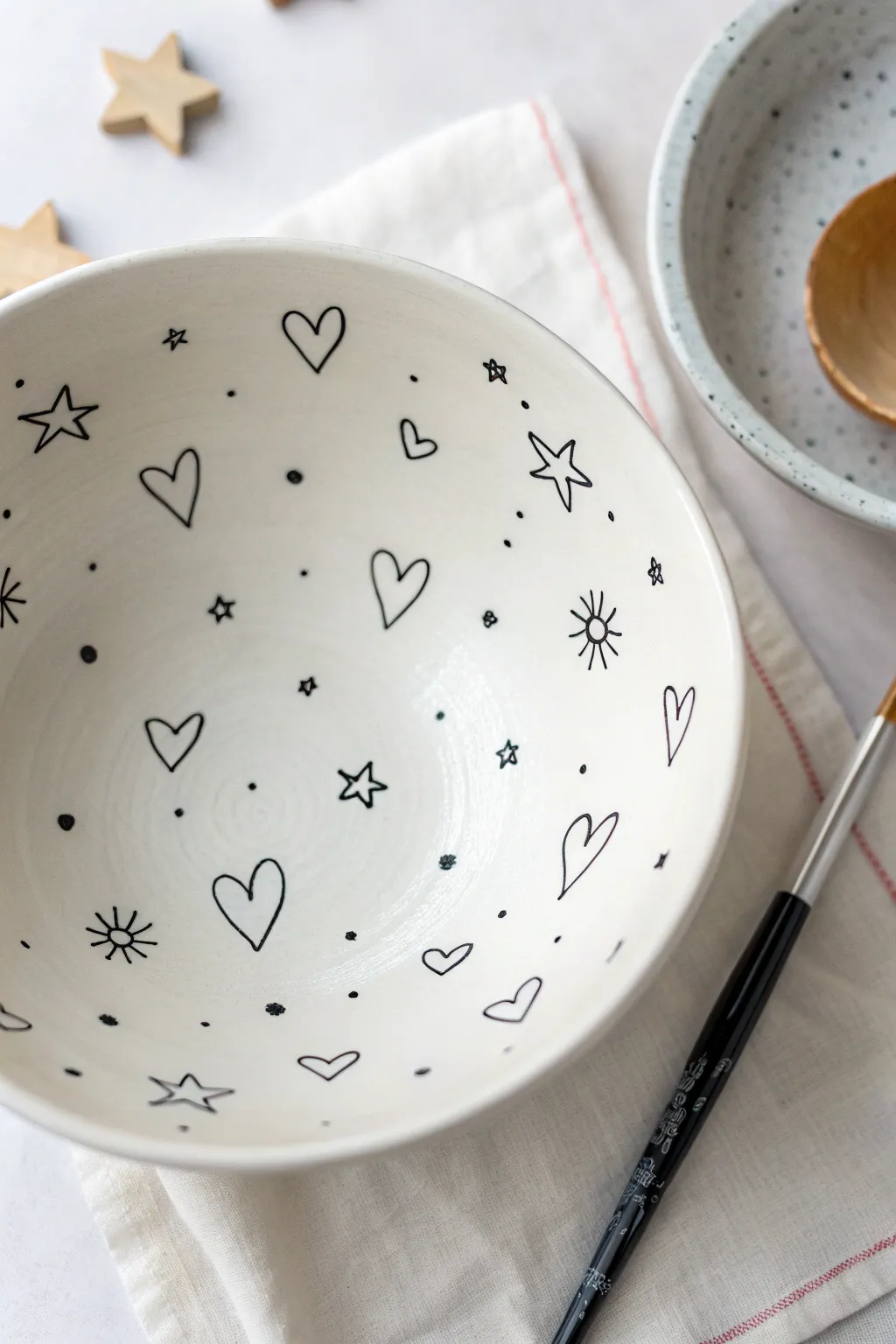 Playful doodle bowl with tiny icons and squiggles, a simple beginner-friendly painting idea.
