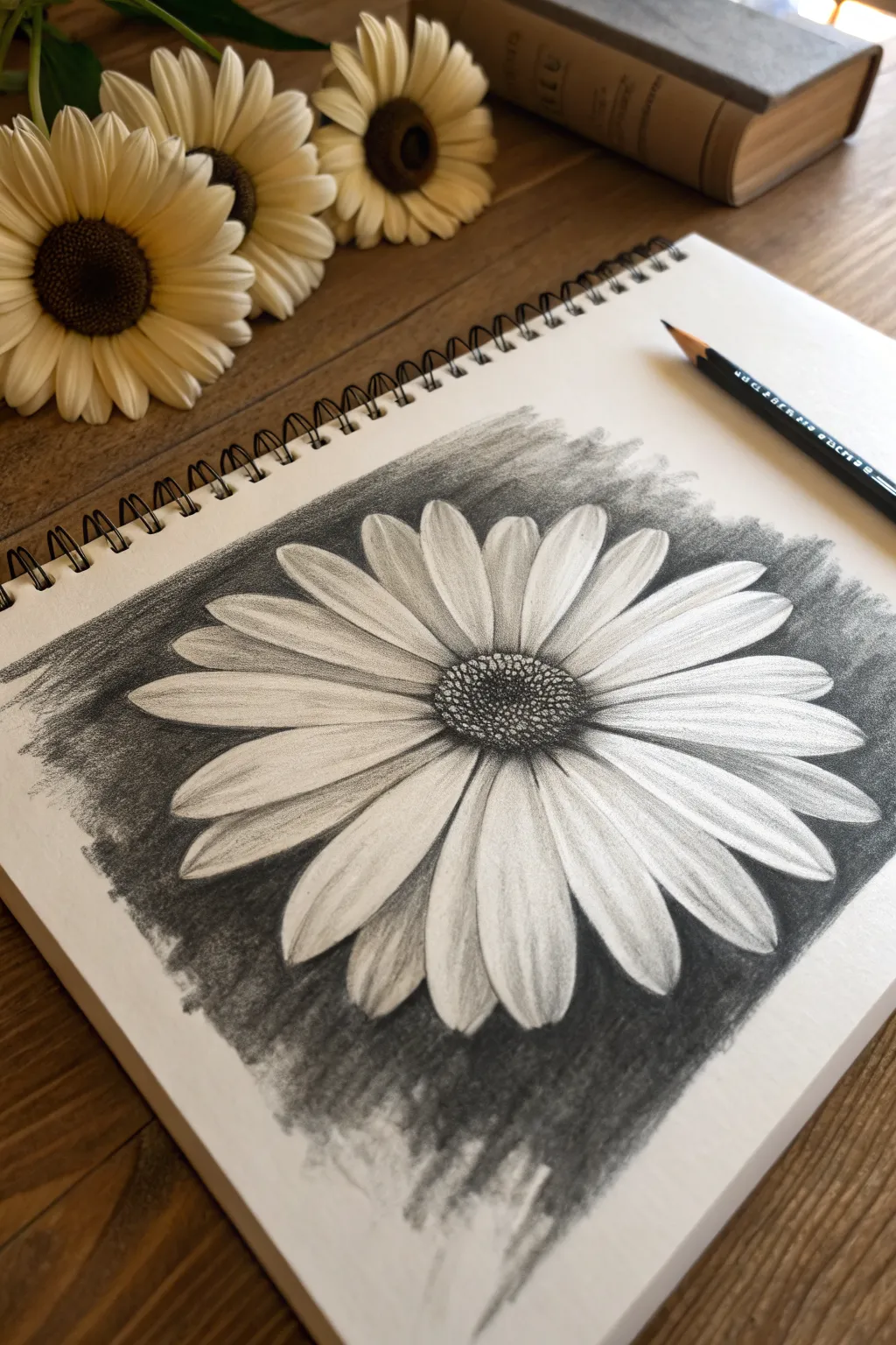 Simple charcoal daisy with soft blending and a bold center, perfect for beginner practice.