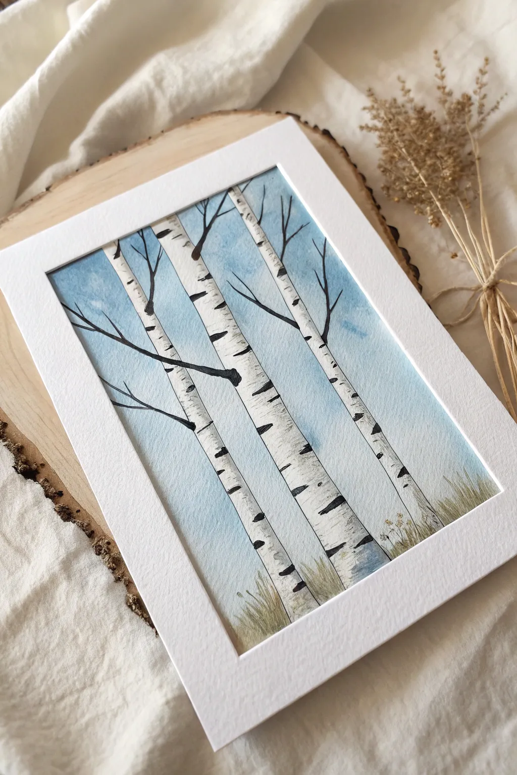 Capture the serene beauty of winter with this simple birch tree painting.