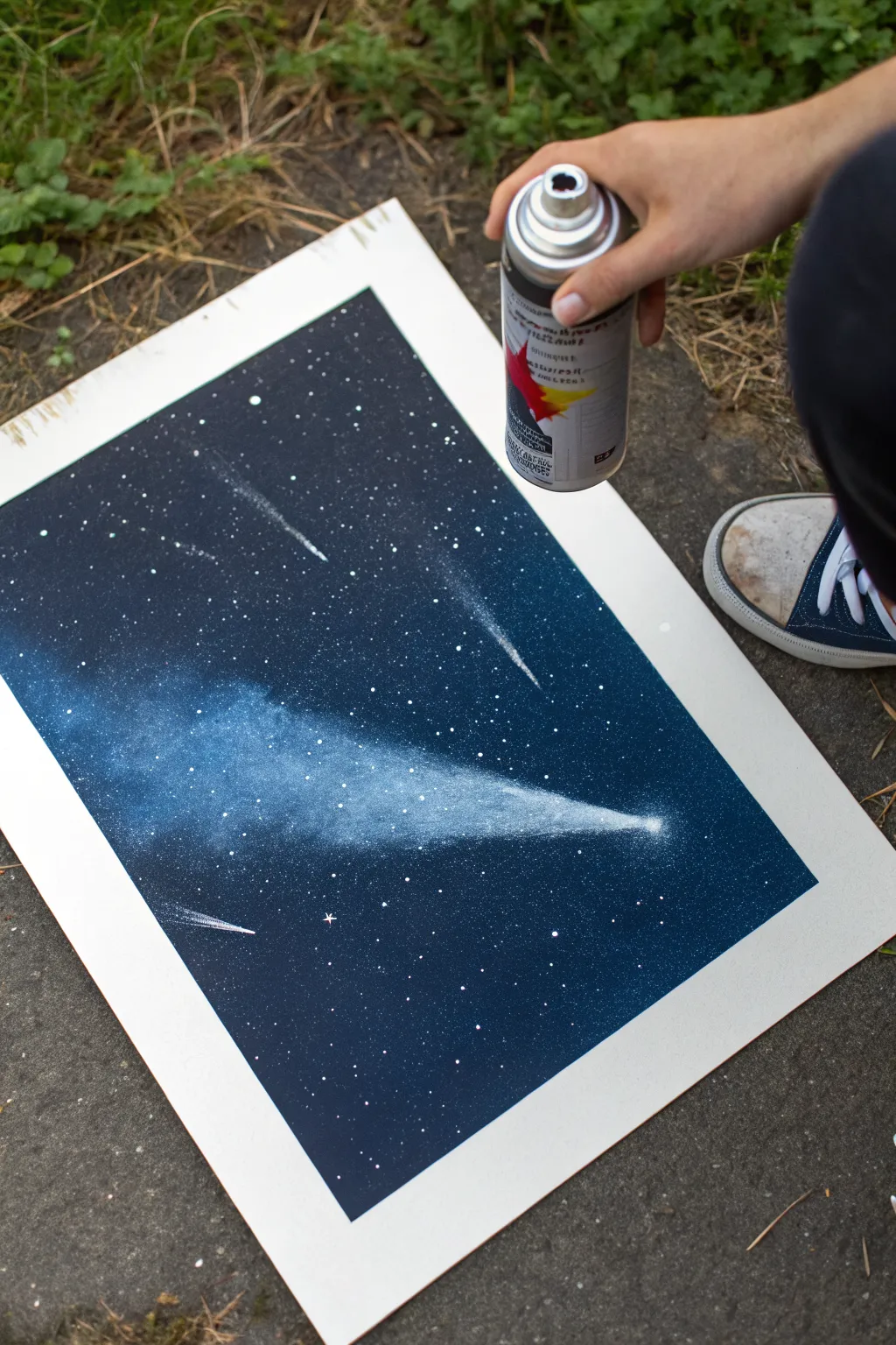 Simple spray paint comet trails with quick swipe masks, glowing heads and soft fading tails.
