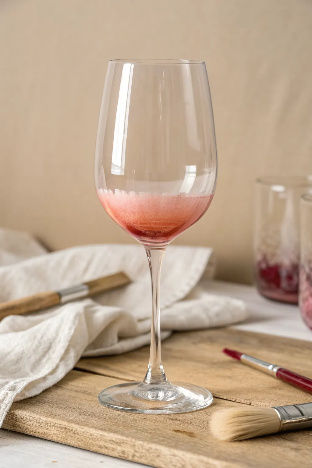 Soft blush ombré wine glass painting idea, simple blend with a dry brush for beginners