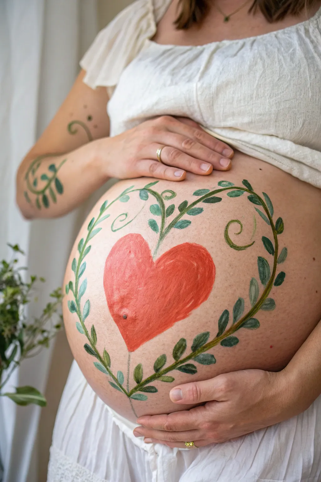 Heart-and-vines belly wrap: a minimalist boho maternity paint idea with a held-close feeling
