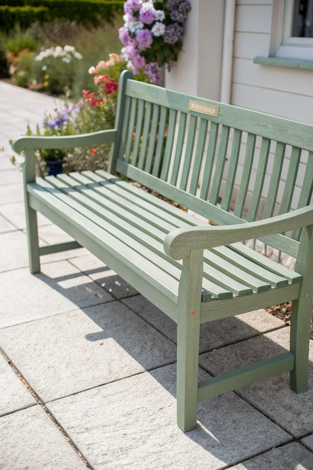 Soft sage bench in morning garden light, cottage charm with blooms and a simple watering can.