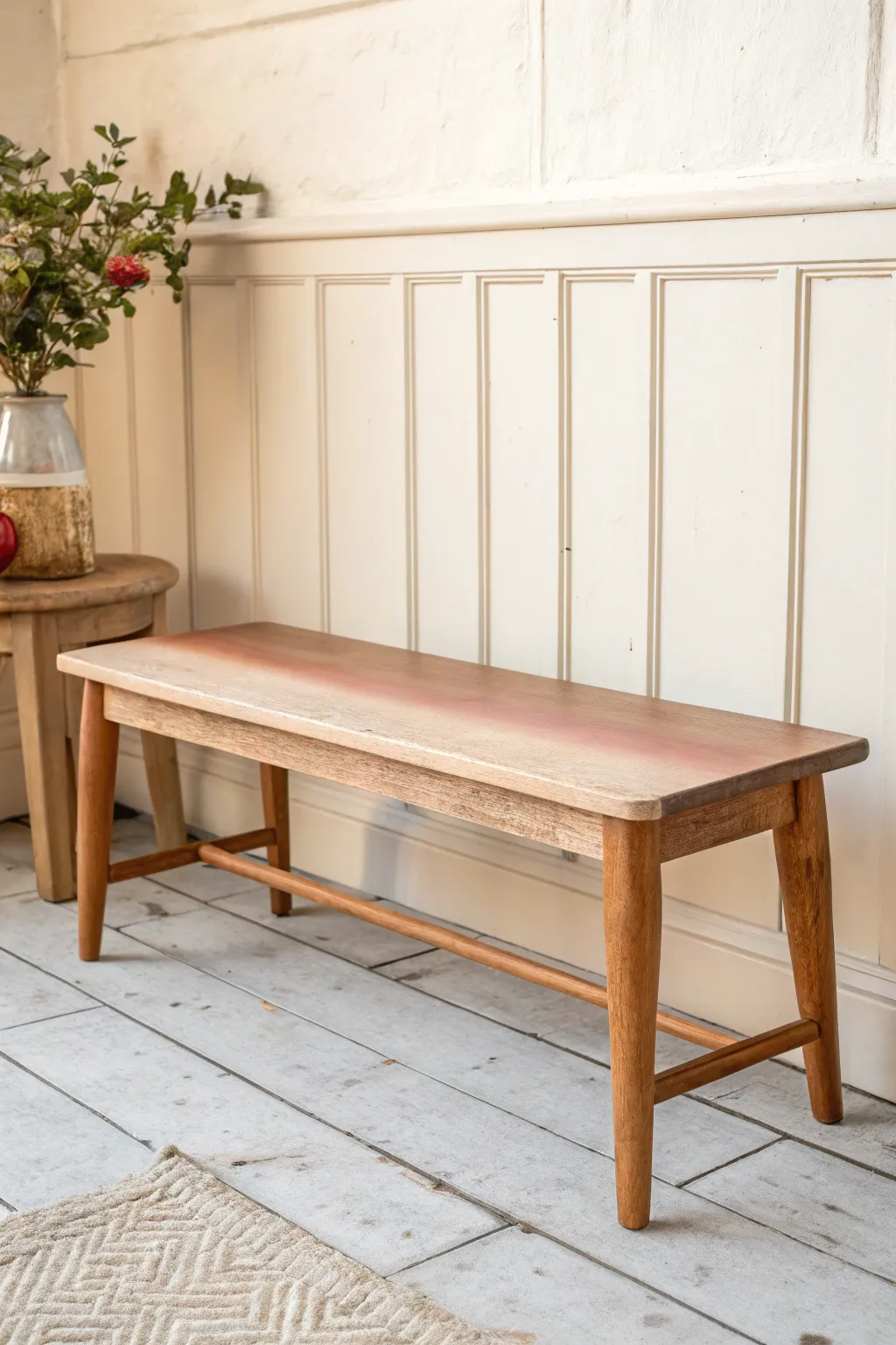 Minimalist ombre bench seat fading from soft sand to deep terracotta for modern boho charm