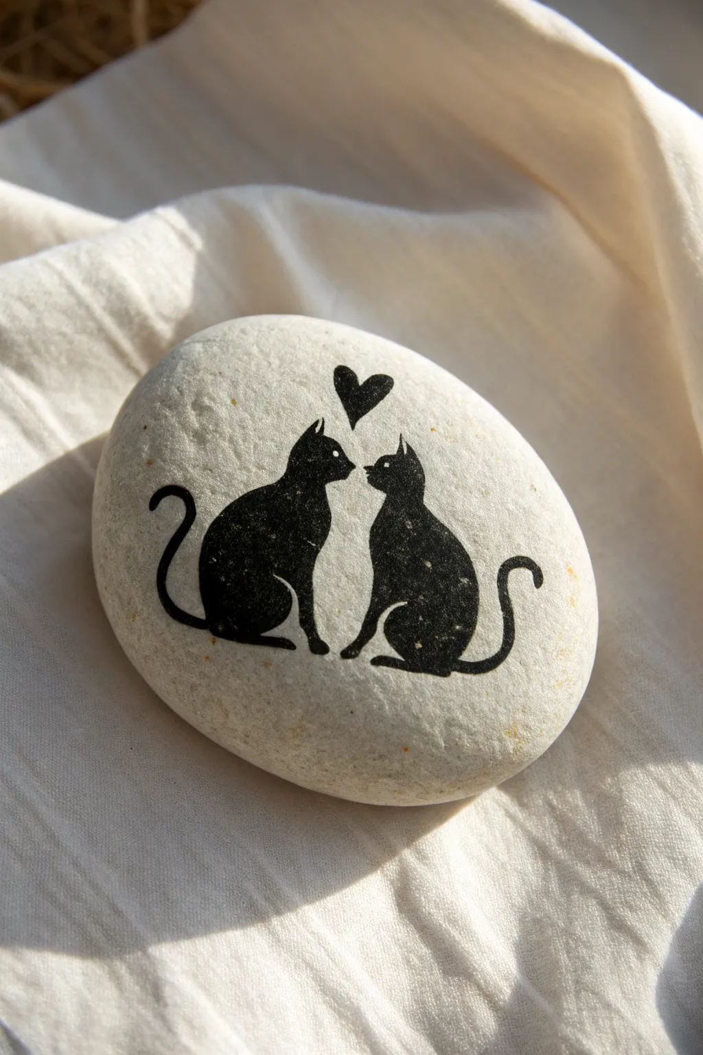 Minimal cat best-friend rock: two cuddled silhouettes with tails forming a heart