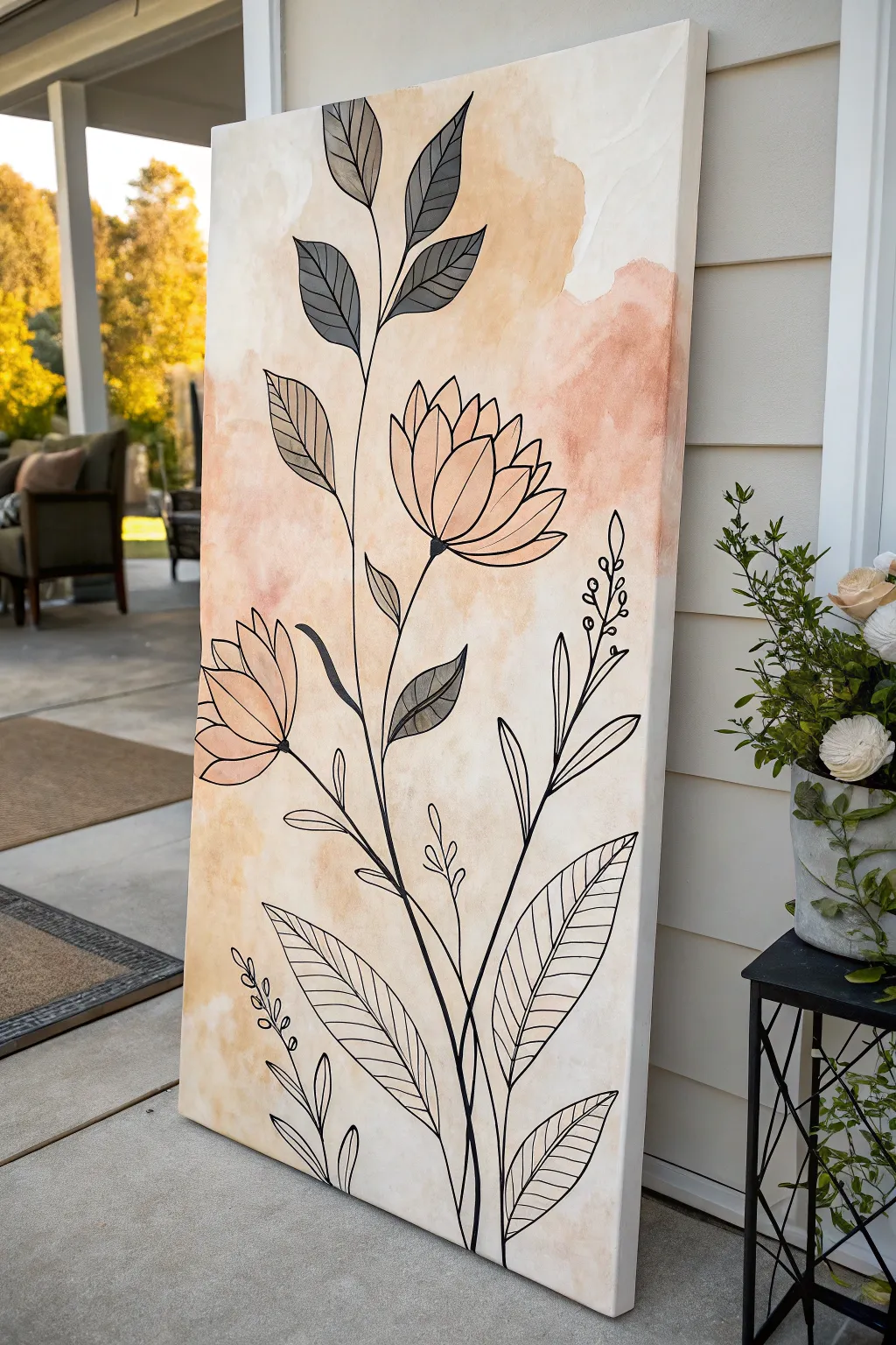 Oversized botanical line art on a soft wash background, bold contrast for a serene statement canvas