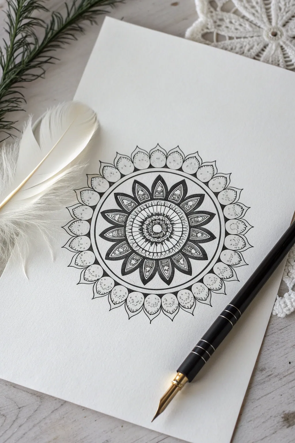 Geometry to nature: a crisp mandala blooming into leaves and feathers for big drawing inspiration