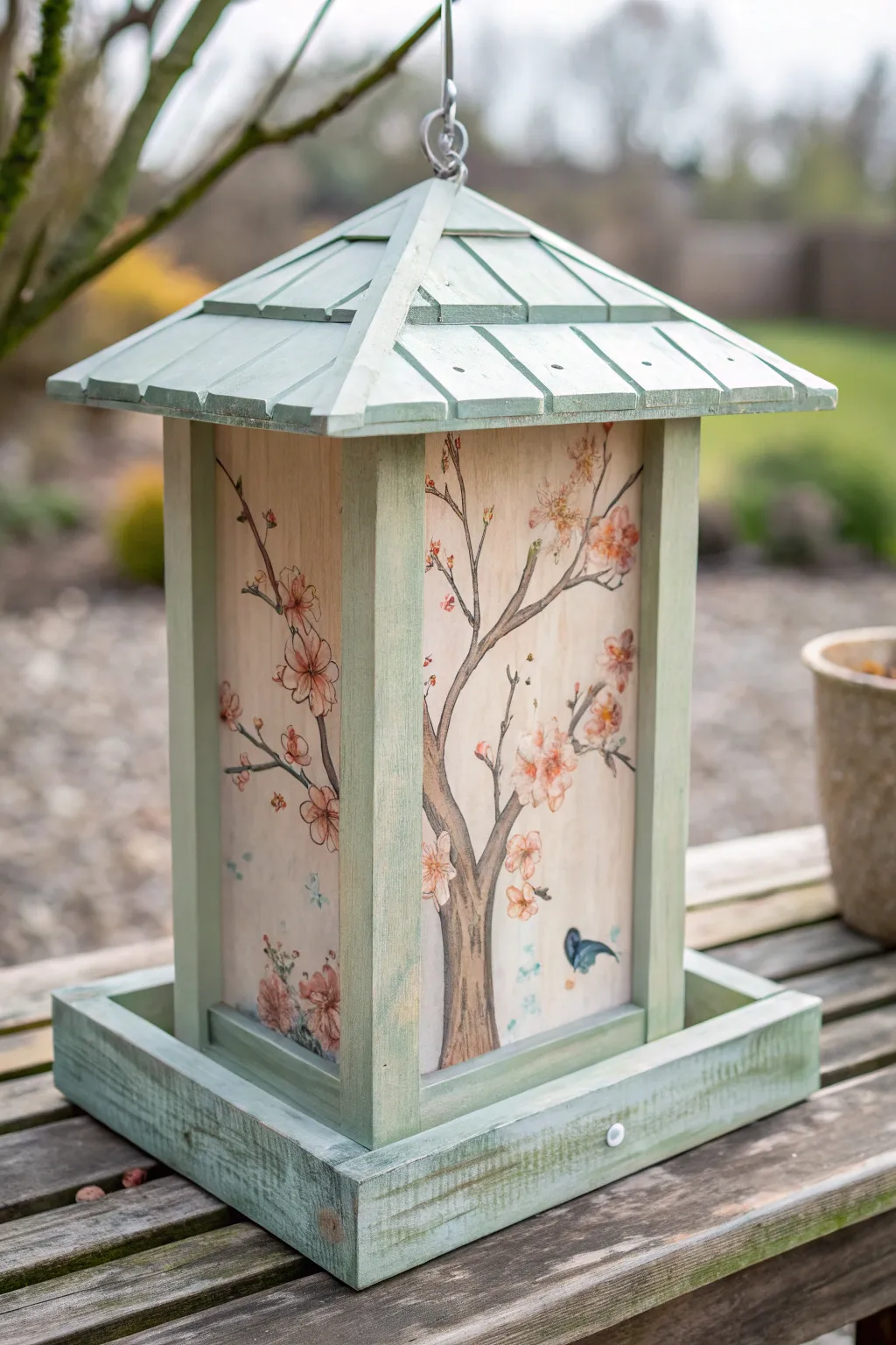 A simple bird feeder elevated with soft watercolor washes and airy, minimalist Scandinavian-boho charm.