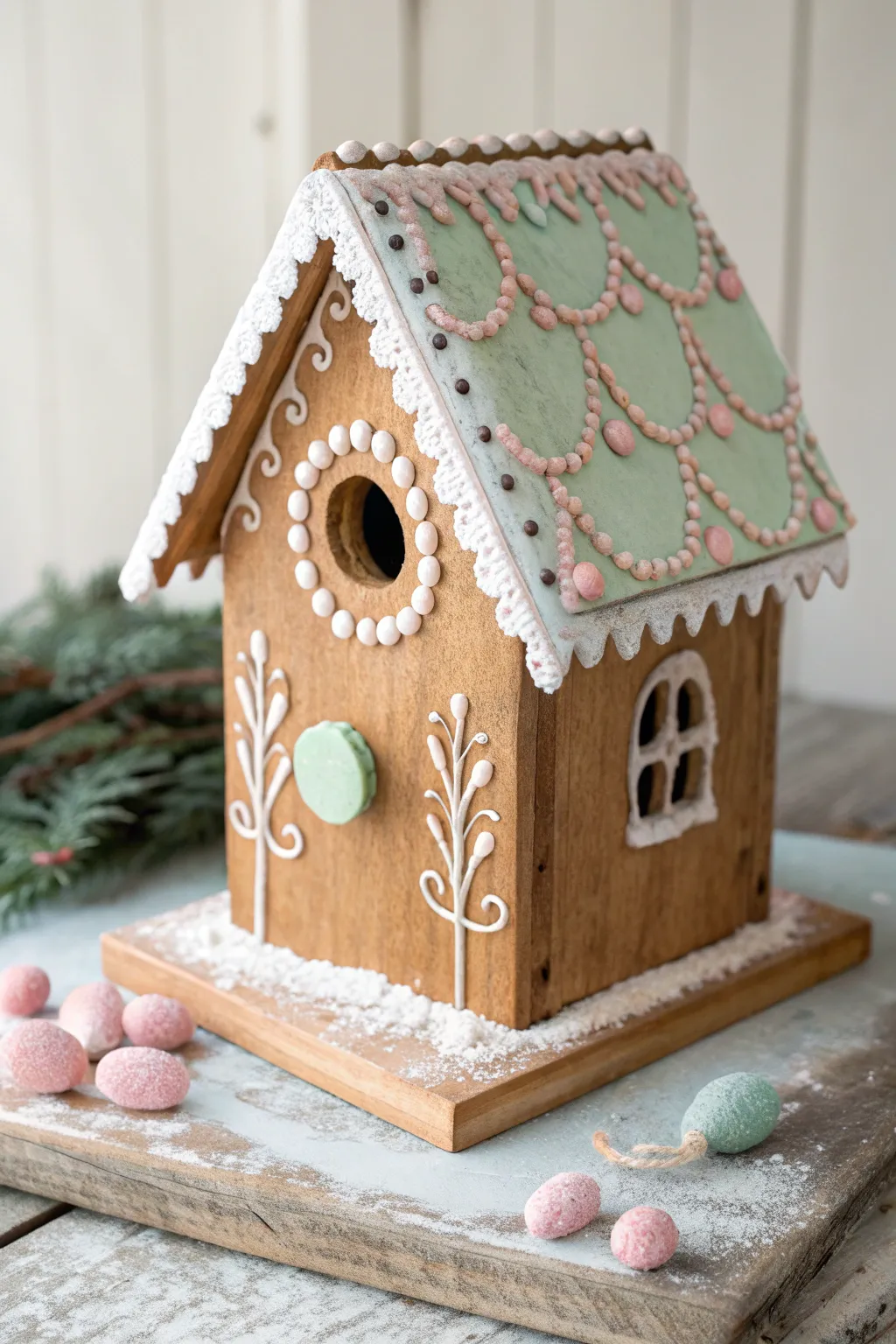 Transform a plain birdhouse into a cozy gingerbread cottage with this festive DIY painting idea.