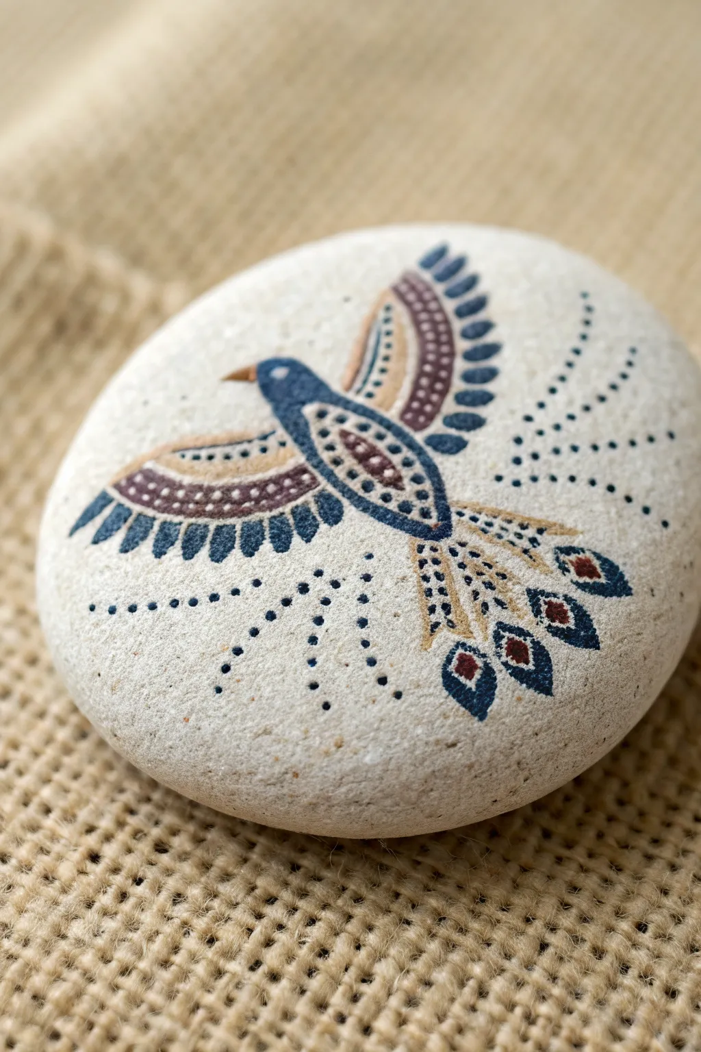 Mandala feather bird on a smooth stone, dotted details in calm Scandinavian boho style