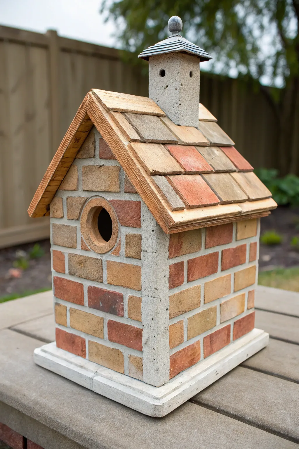 Faux brick and stone birdhouse with crisp mortar lines and a tiny chimney for texture illusion