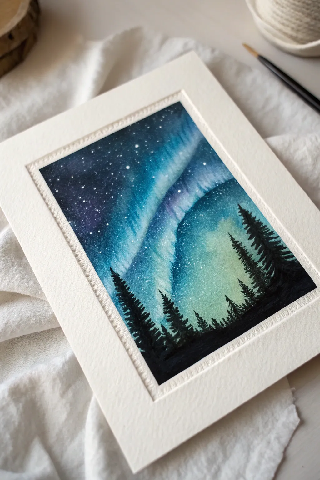 Electric blue aurora ribbons over a black forest silhouette for a bold, minimalist night scene