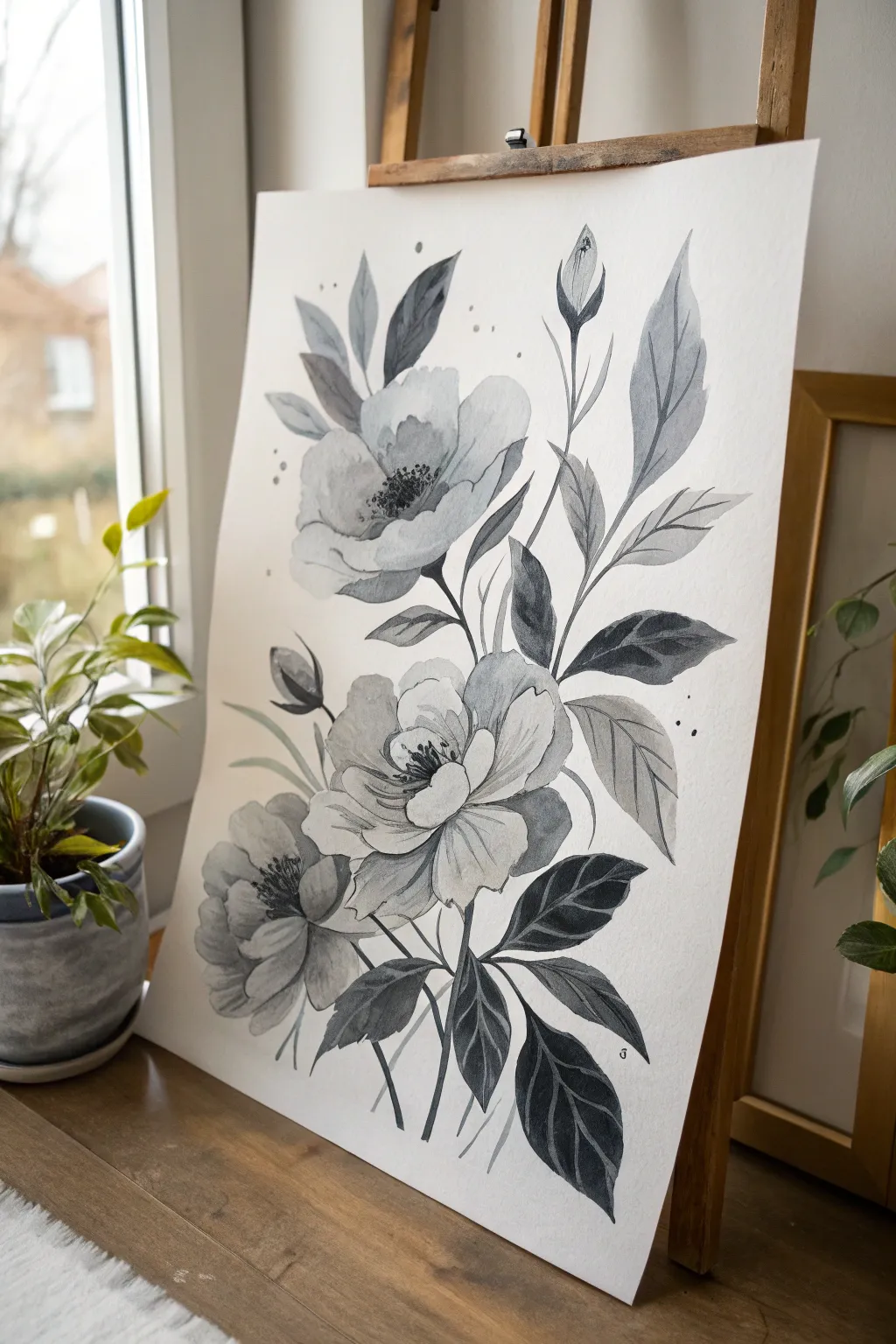 Moody black and grey petals in a minimalist floral study, soft gradients with bold shadow folds.