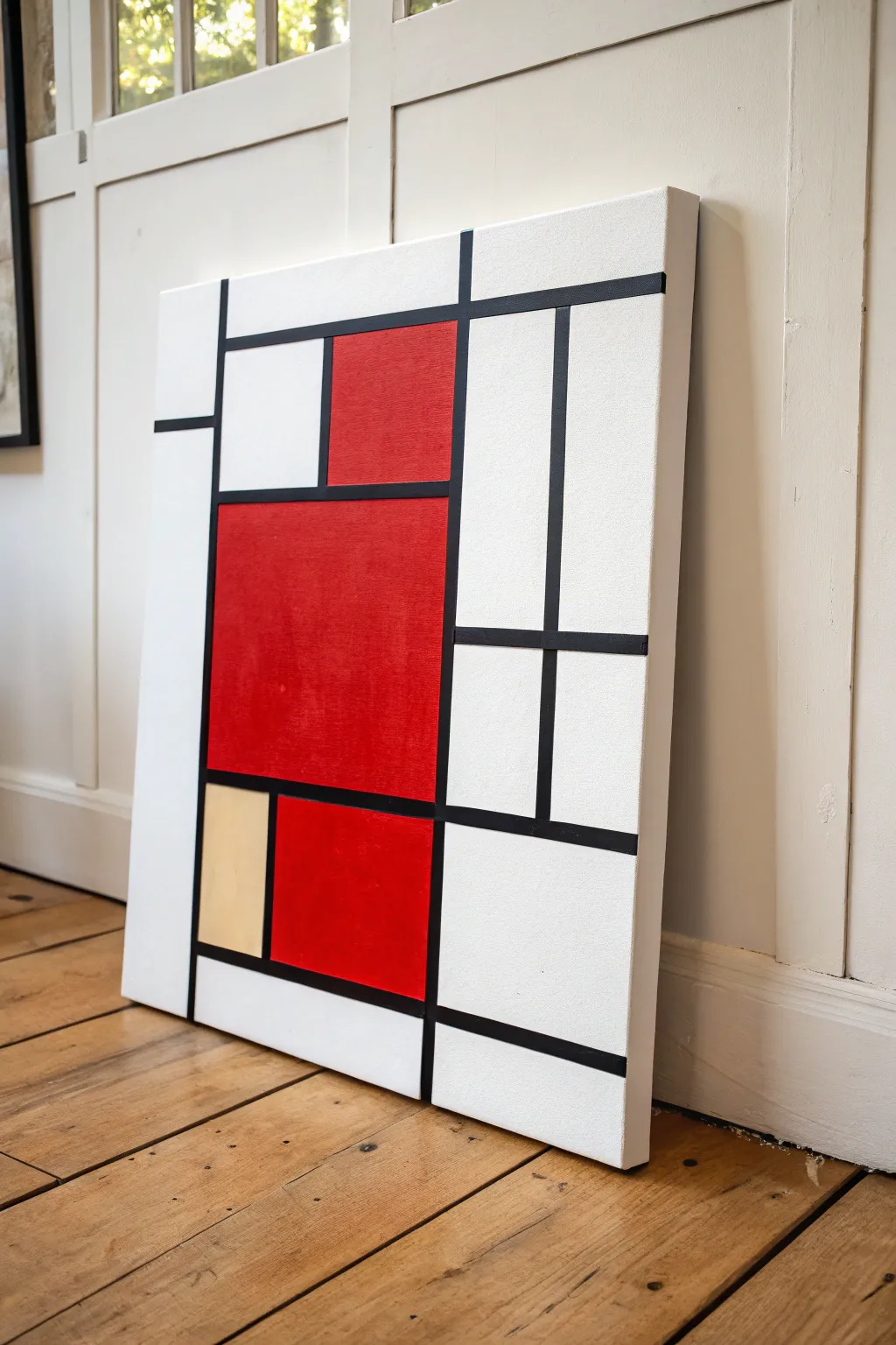 Modern geometric blocks in black, red, and white with one bold red focal rectangle