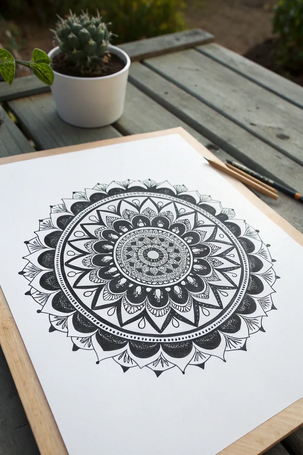 Bold outer shapes and fine inner lines create a crisp black and white mandala centerpiece.