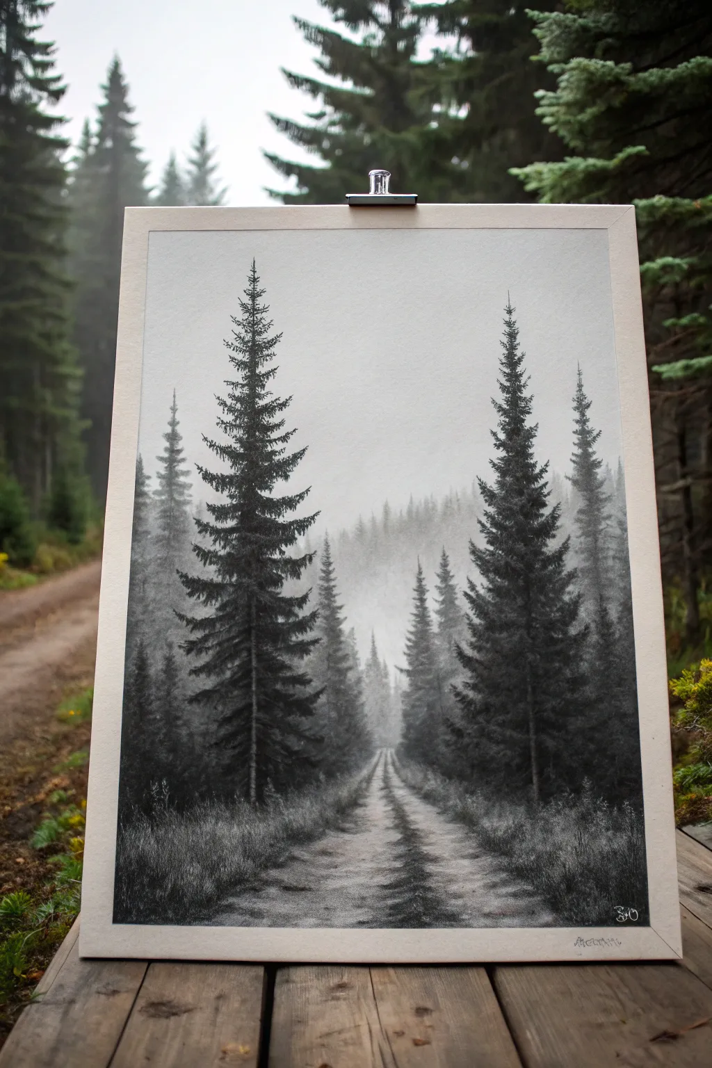 Three-value pine forest study: bold blacks, soft grays, and airy distance for depth.