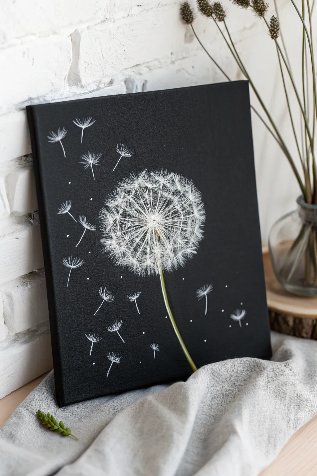 Ethereal white dandelion puff on velvety black, with a few seeds drifting like sparks.