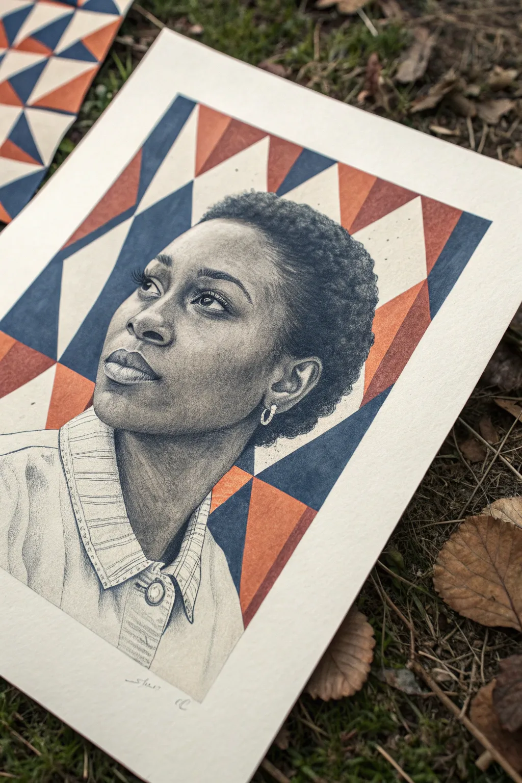 Collage-style portrait of a Black woman with patterned paper clothing, minimalist boho contrast