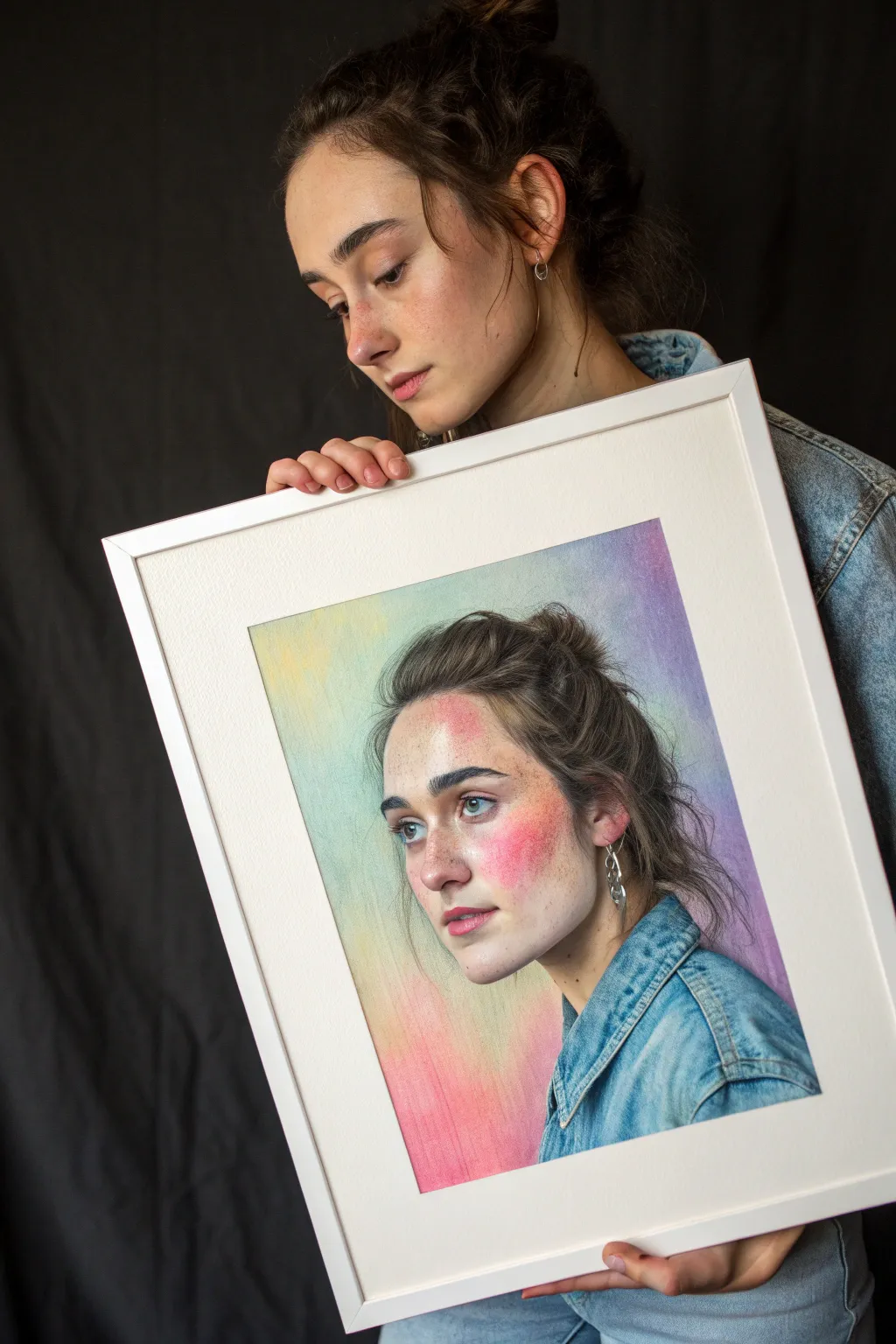 Natural portrait with UV neon contours that glow under blacklight, minimalist boho vibe.