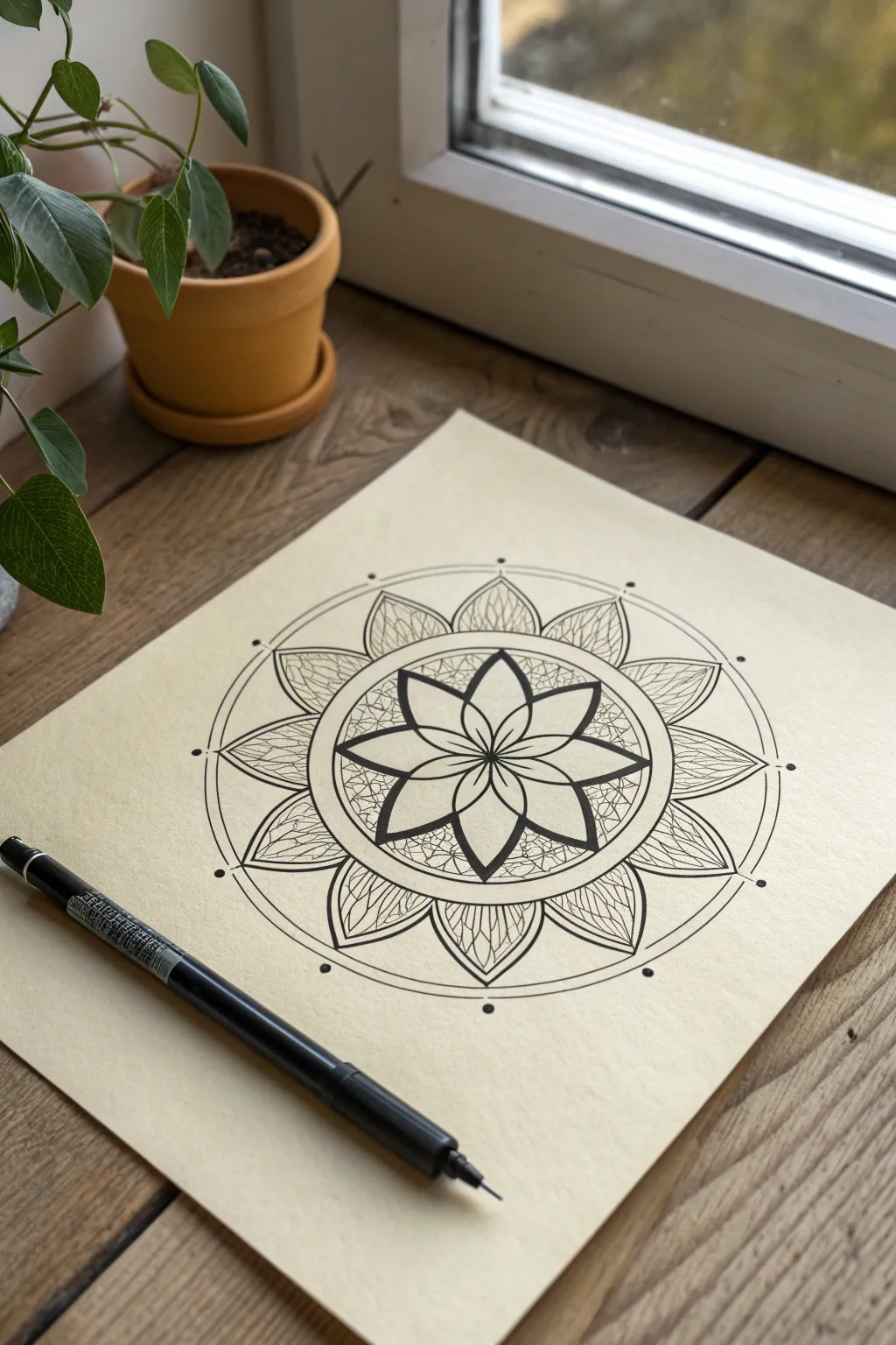 Bold geometric mandala in thick black ink, perfect for simple Scandinavian-inspired marker art.