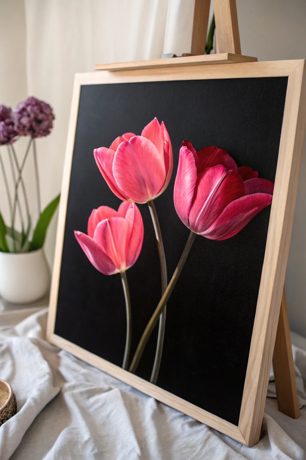 Hot pink tulips bloom from black, with sculptural highlights and deep shadows for bold contrast.