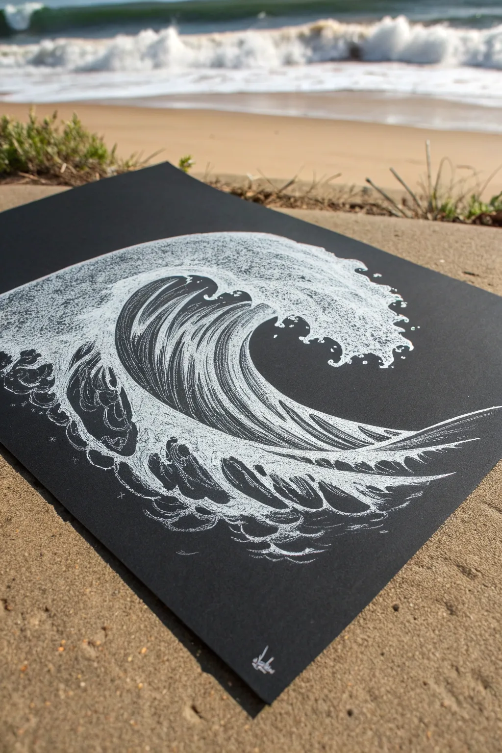 Crisp white foam highlights bring a curling ocean wave to life on rich black paper.