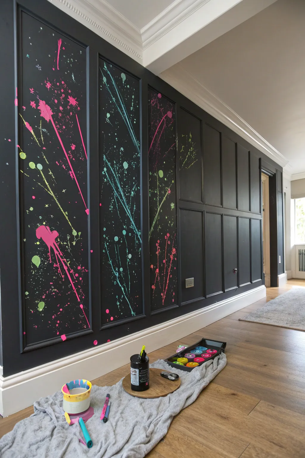 Matte black wall + neon UV splatter bursts for a chic studio vibe with minimalist boho contrast