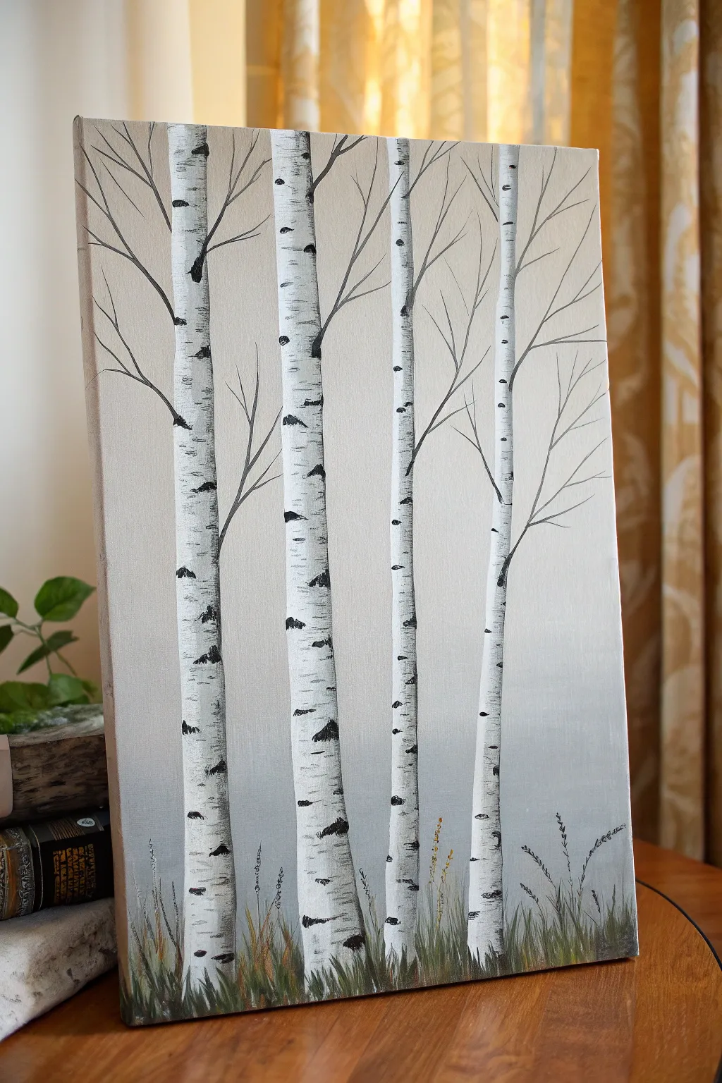 Easy birch tree canvas art: crisp white trunks on a soft muted backdrop for bold contrast