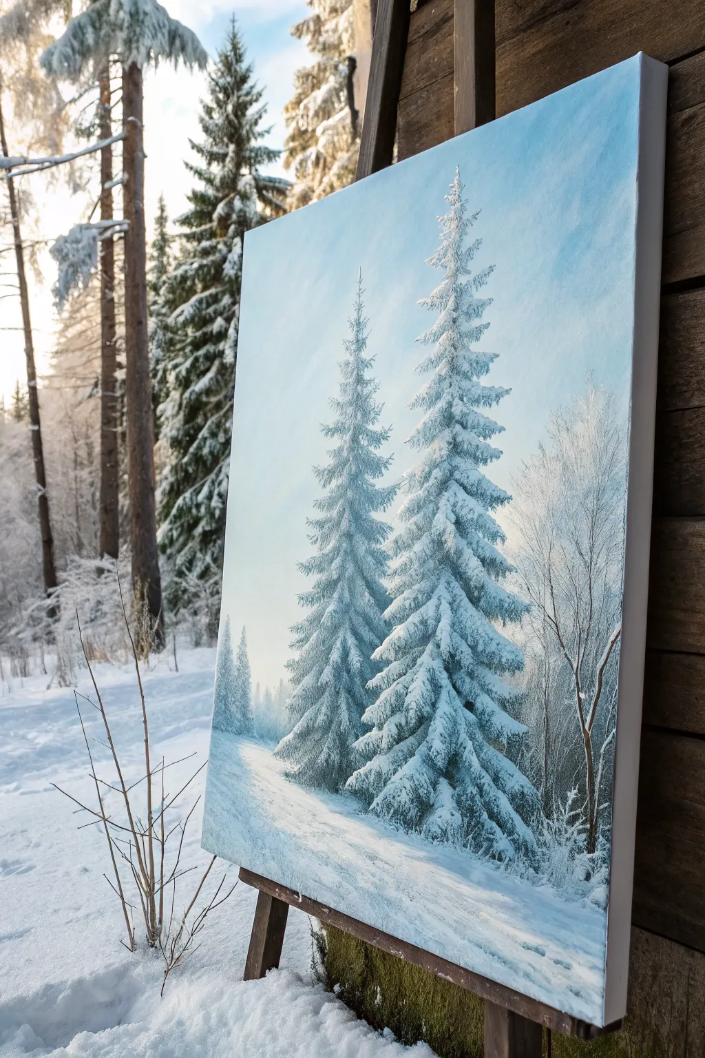 Minimal winter pines in icy blue shadows, a calm acrylic painting idea with Nordic-boho mood