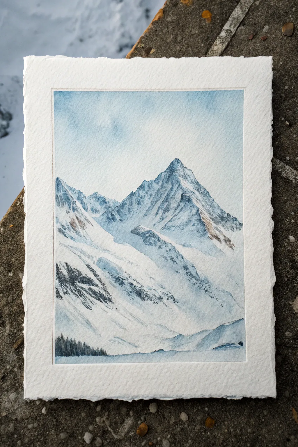 Snowy peaks emerge from an icy blue haze, a minimalist mountain study with crisp contrast.
