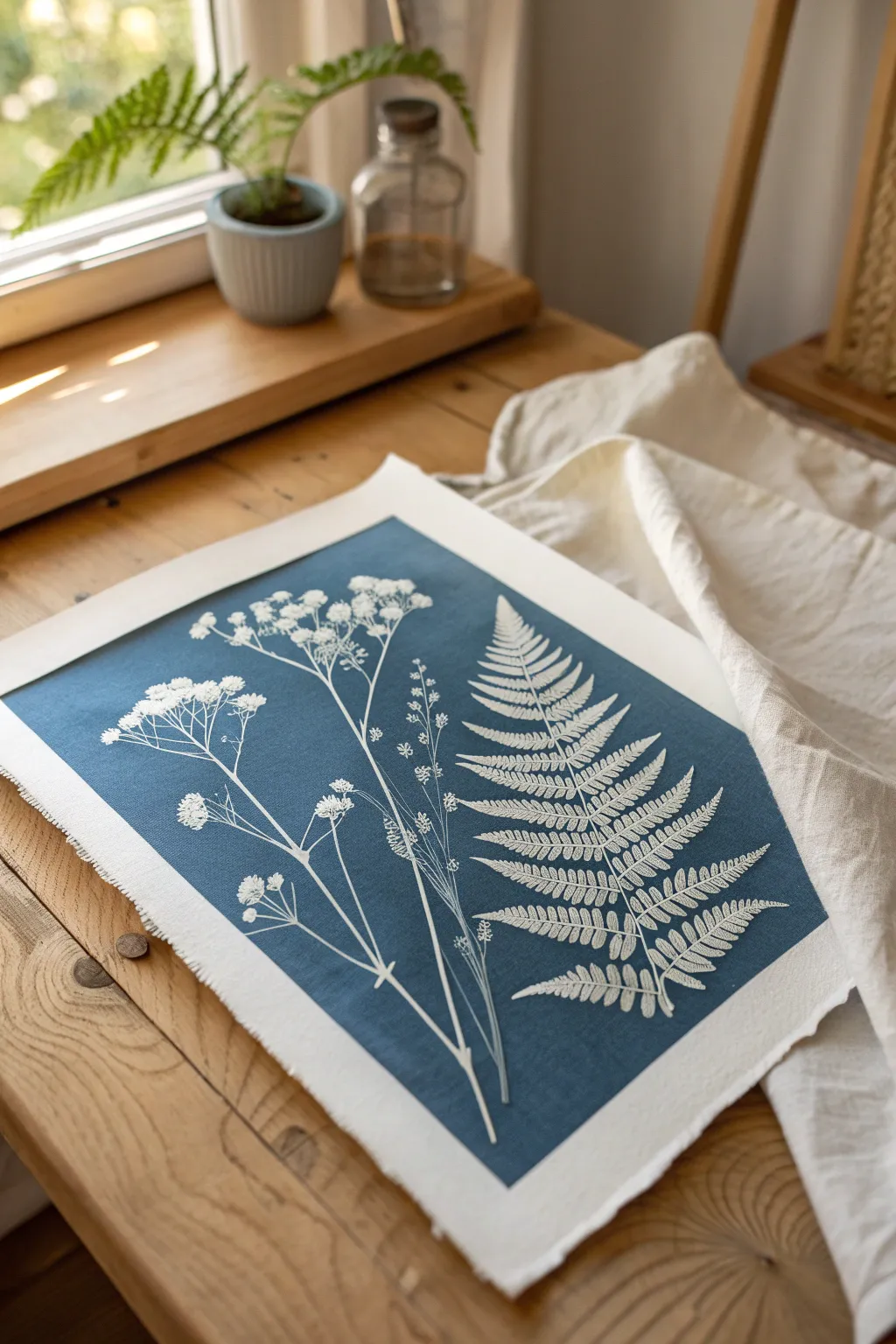 Deep Prussian blue cyanotype print with crisp fern and wildflower silhouettes in clean contrast