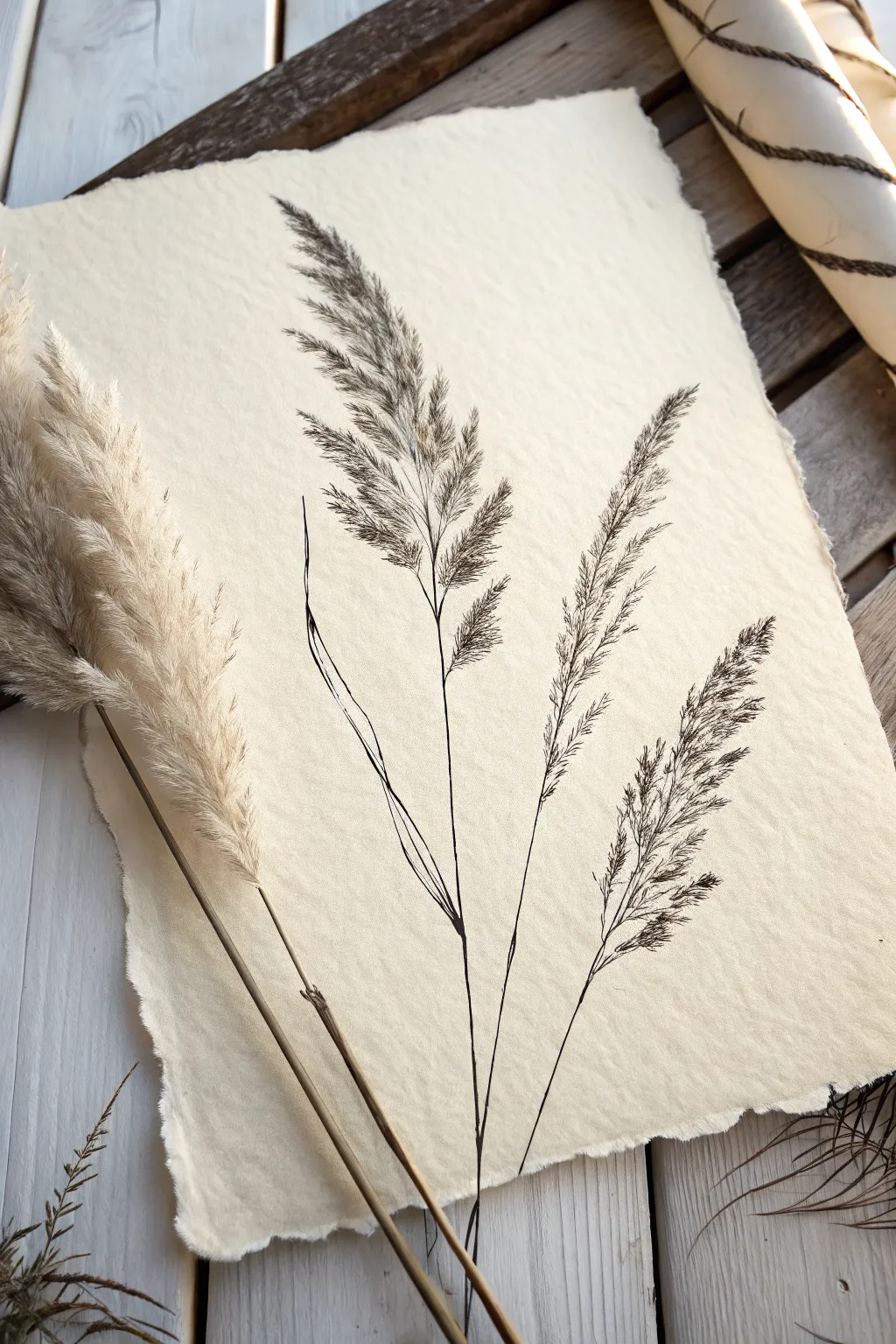 Easy boho pampas grass stems sketch with soft sand wash, minimalist Scandinavian vibe