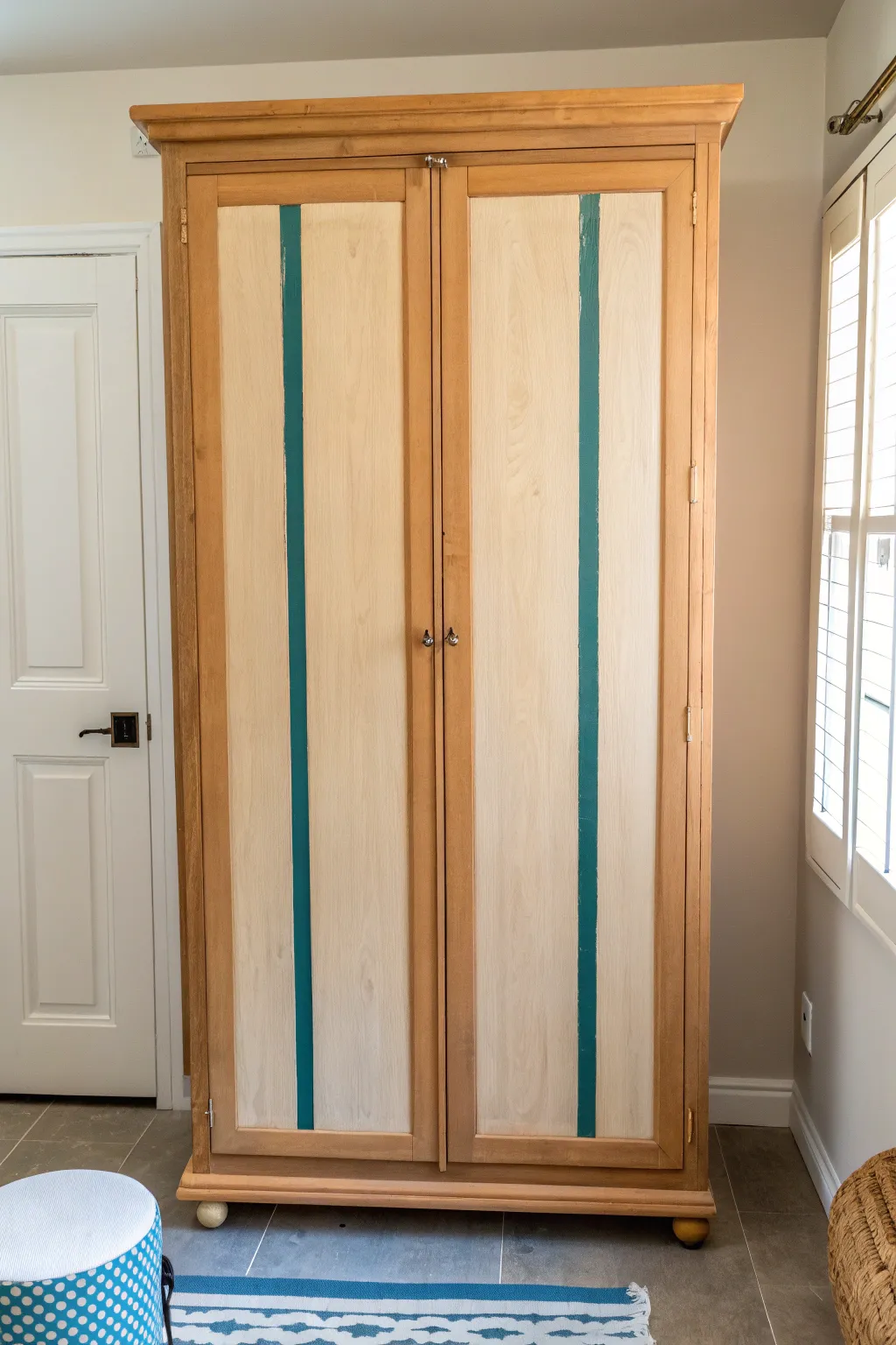 Soft imperfect boho stripes on a tall cabinet, warm neutrals with a bold accent and tape reveal