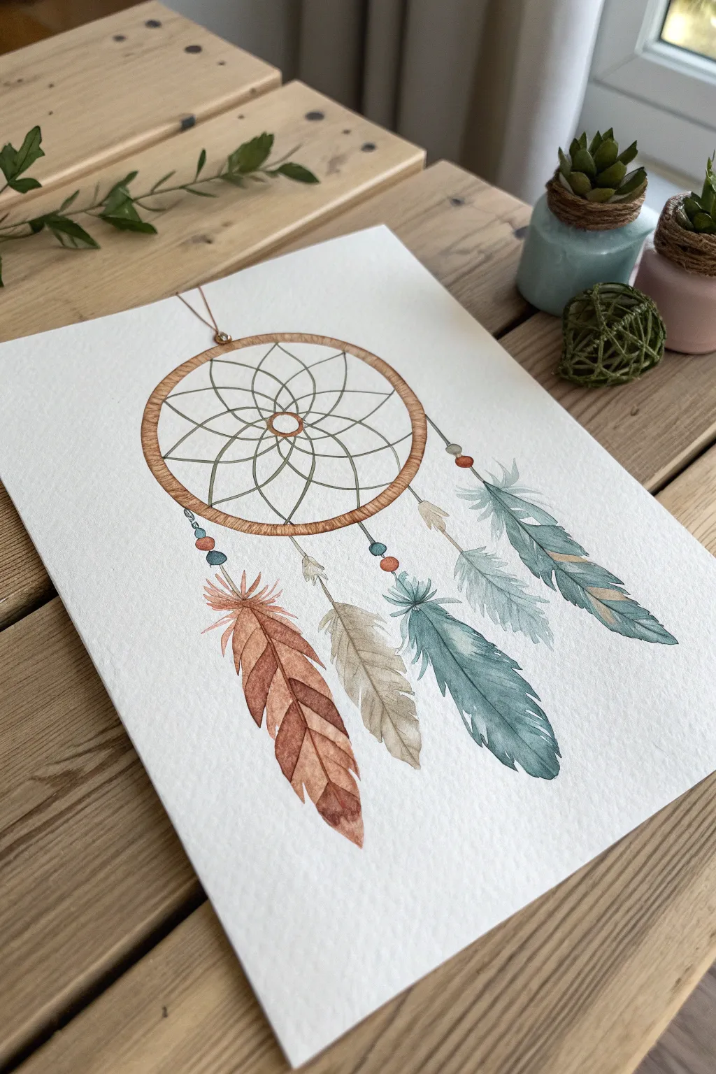 Minimal boho dreamcatcher: one circle, simple weave, and three soft feathers in muted hues