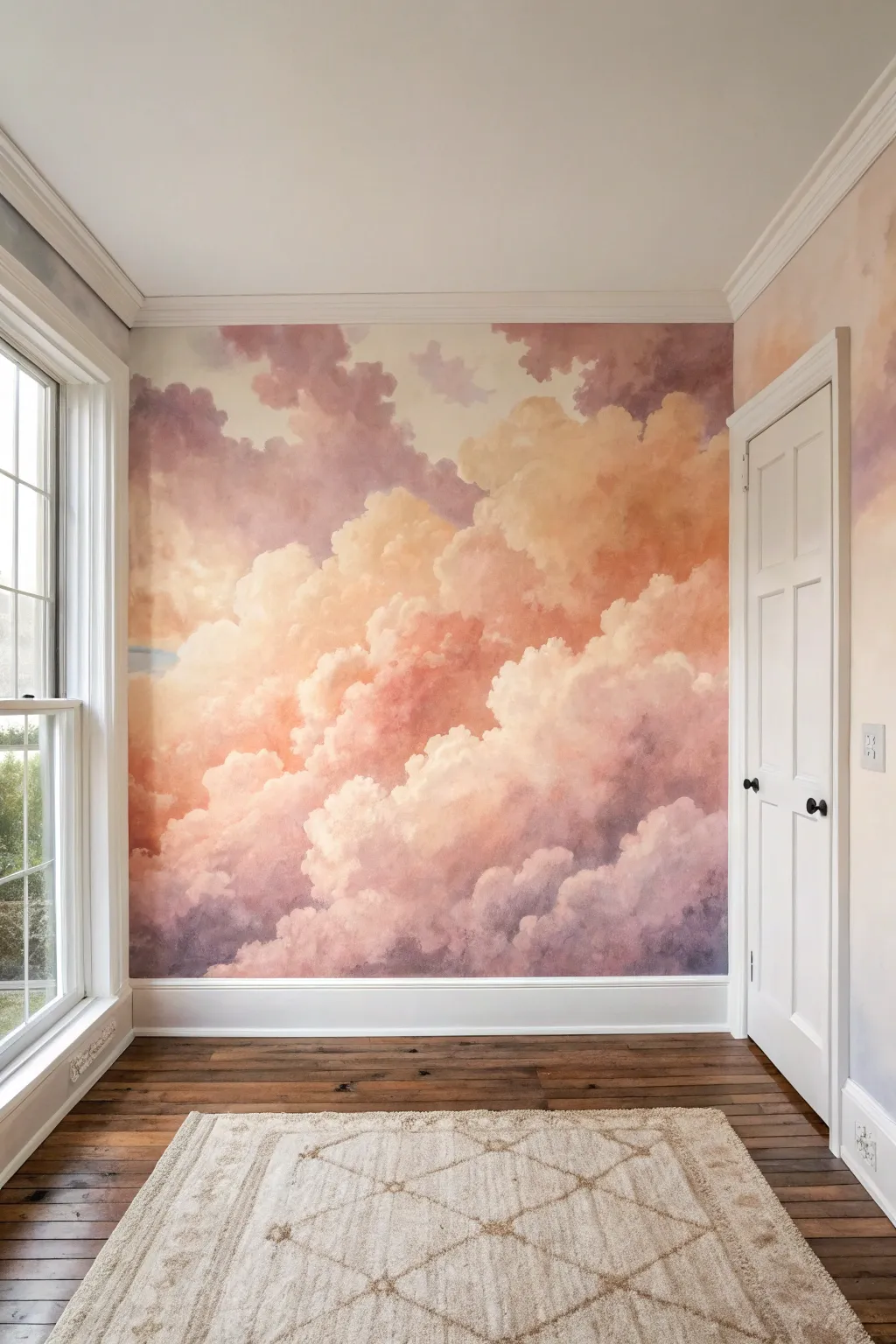 Dreamy watercolor cloud wash in sunset tones for a calm boho mural behind your desk.