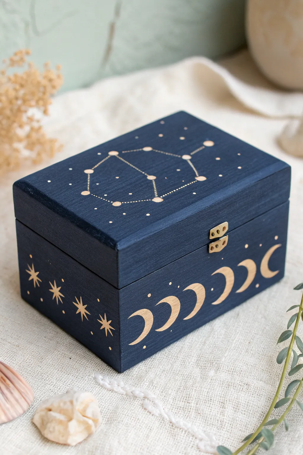 Deep navy keepsake box with delicate constellations and moon phases, minimal and serene