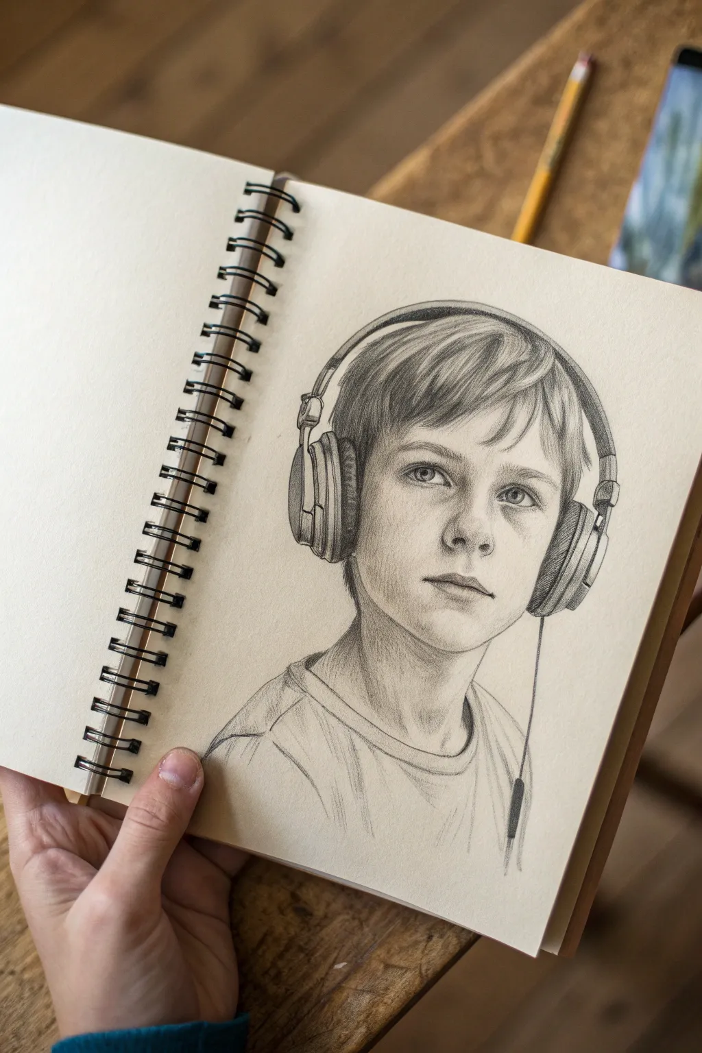 Minimalist pencil sketch of a boy with over ear headphones, a clean and easy drawing idea