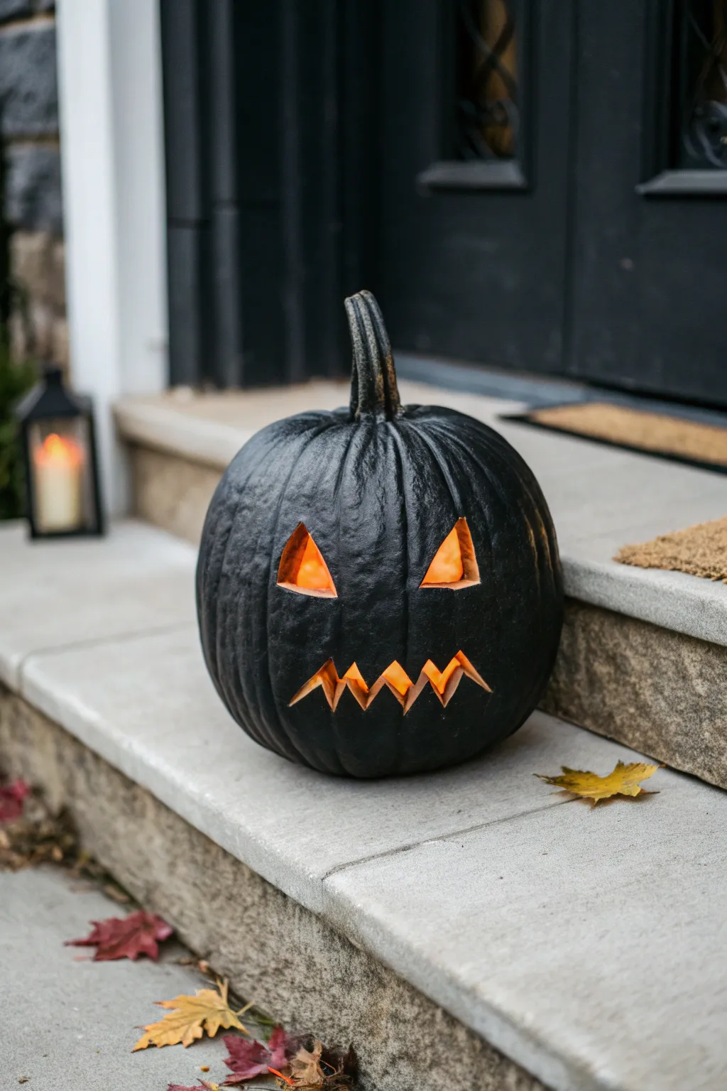 Matte black ninja pumpkin with glowing stealth eyes, minimal and moody for a bold porch vibe