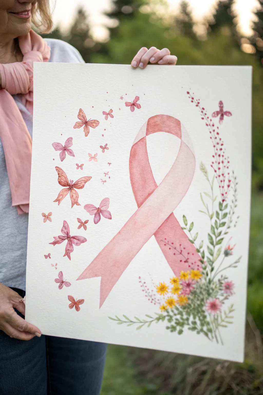 A pink ribbon becomes airy butterflies, symbolizing strength, healing, and transformation.