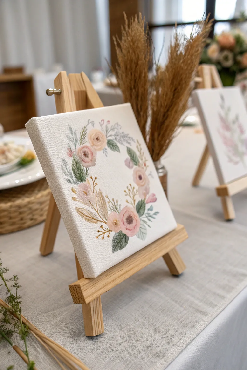 Mini canvas favors on tiny easels, elegant bridal shower keepsakes ready for guests to take home