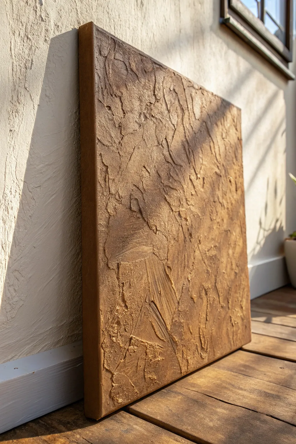 Layered sand to coffee tones with raised plaster texture, simple and calming on canvas.