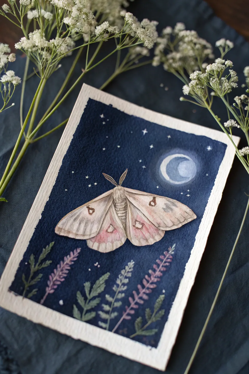 Velvety moth in a moonlit night garden, minimal Scandinavian palette with a soft boho mood.