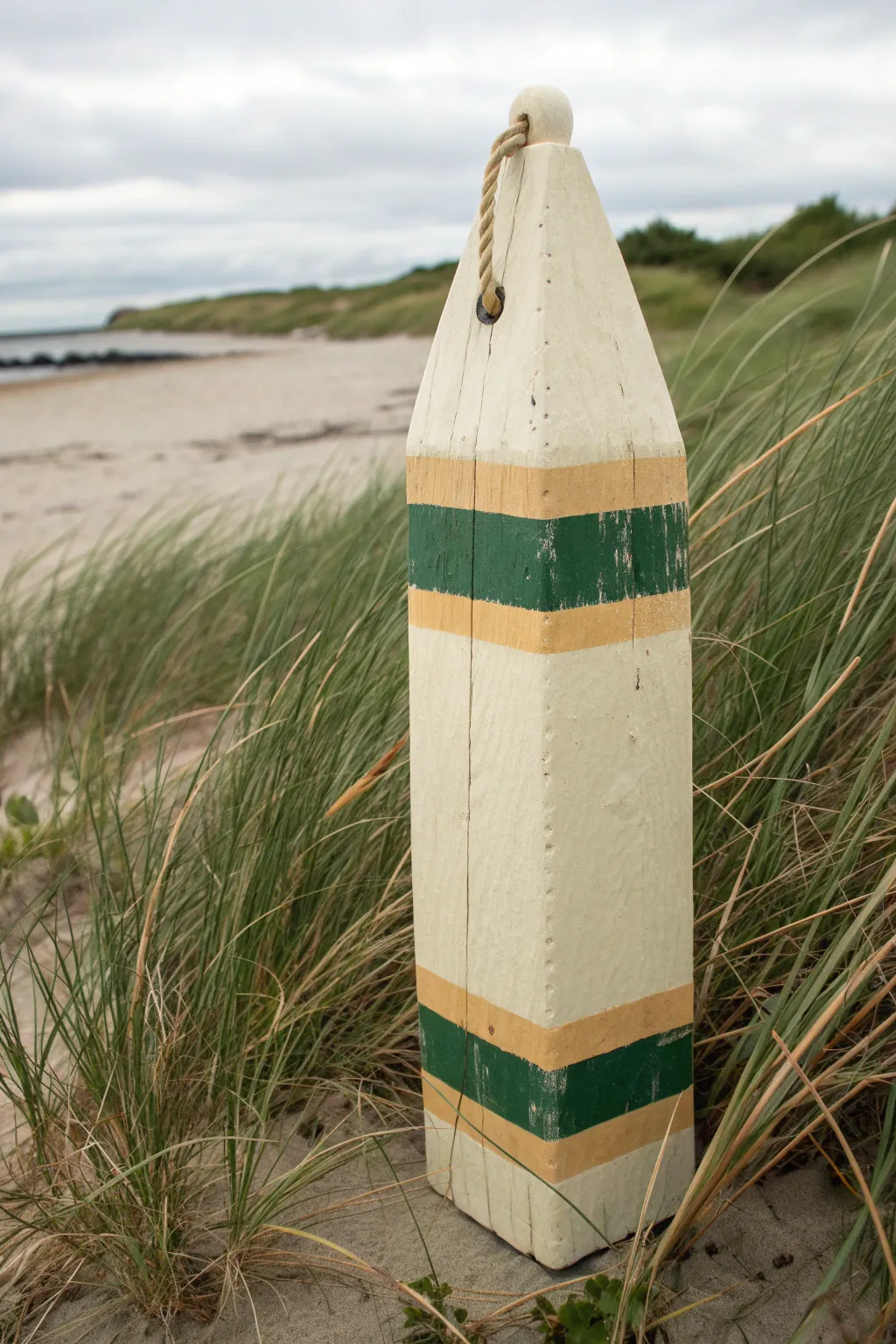 Seaweed and dune grass stripes add calm coastal contrast to a minimalist, handmade buoy.