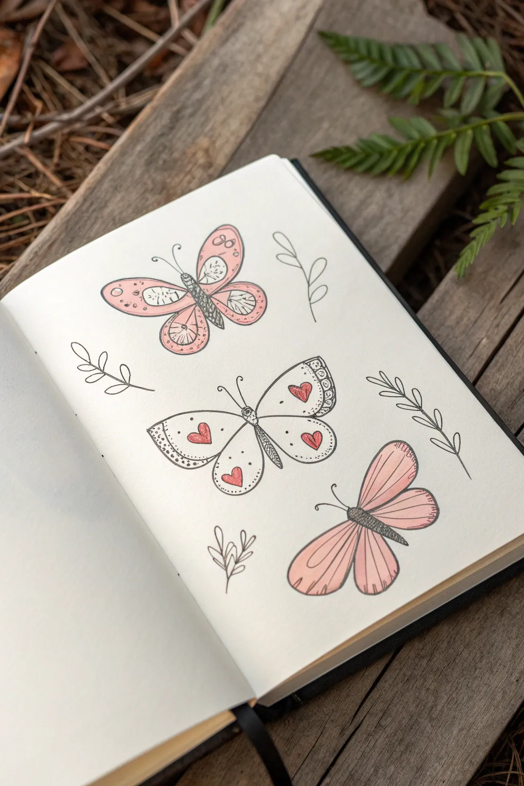 Sweet heart-wing butterfly sketch variations in a clean minimalist style, perfect for cute doodles