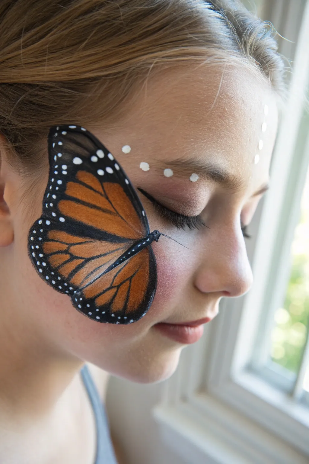 White dot wing scales that pop against dark edges for an elegant butterfly face paint detail